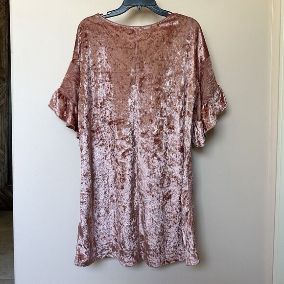 Umgee Mini Dress Tunic Med Velvet Short Flutter Sleeve Dusty Pink Leaves Boho - Picture 3 of 7